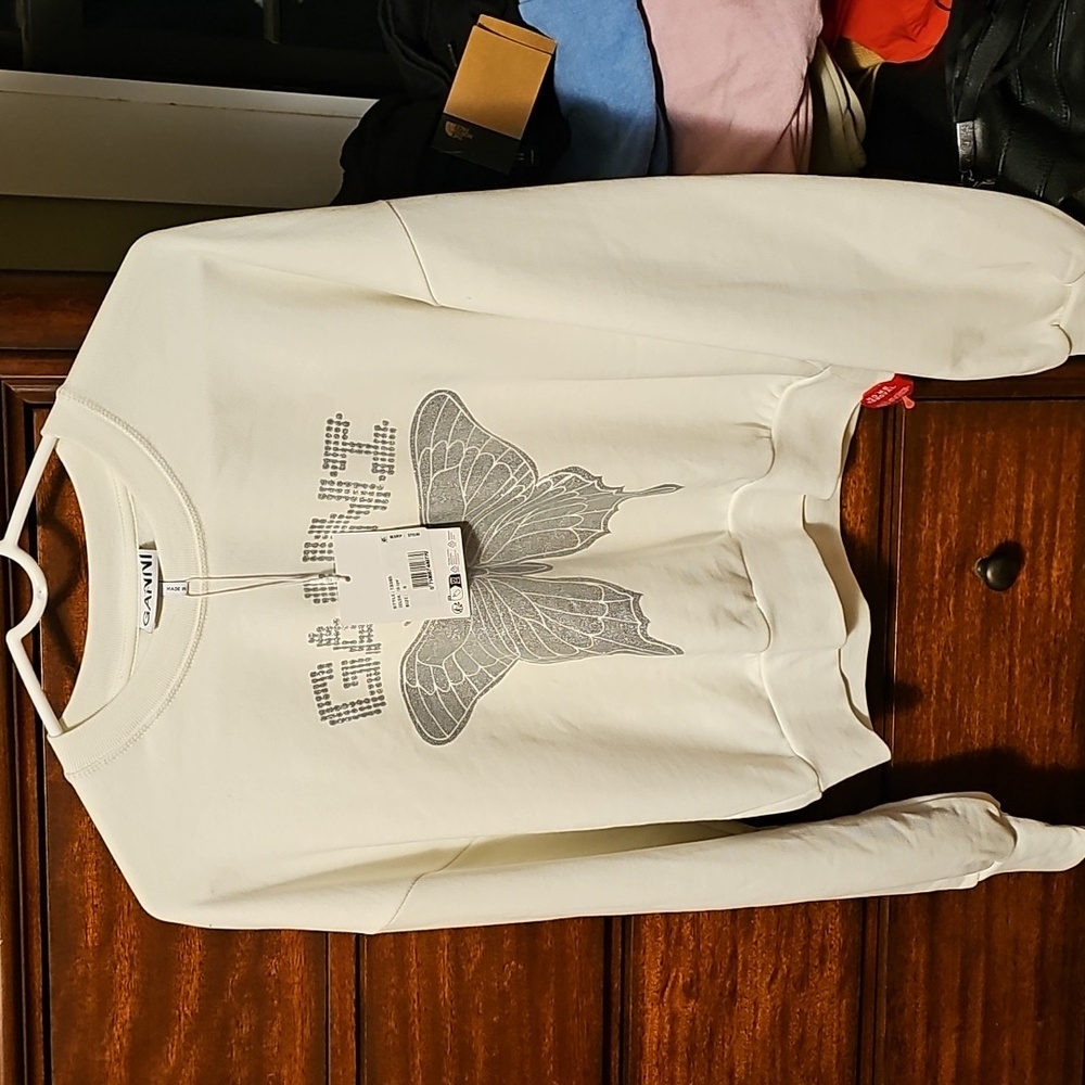 NWT Ganni Off-White Sweatshirt with Metallic Butterfly